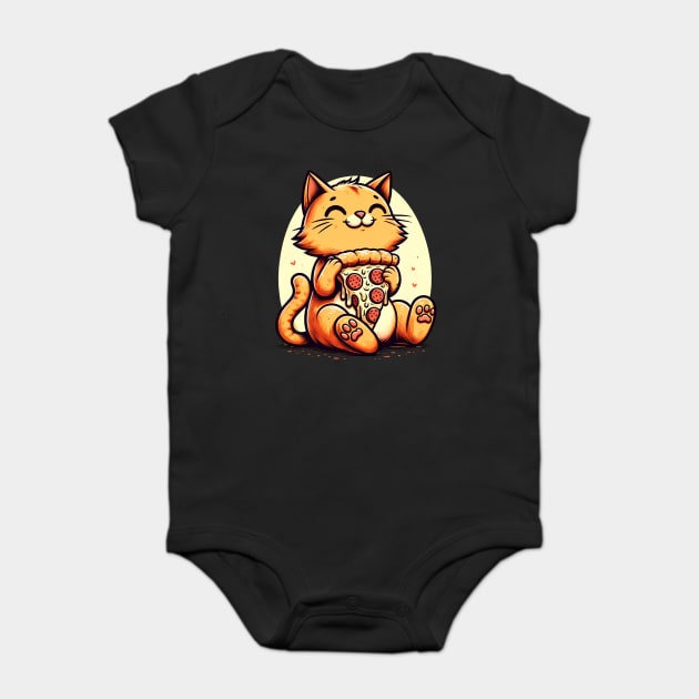 Cute Cat Eating Pizza, Funny Pizza Lover Baby Bodysuit by logiamerch
